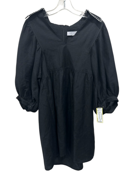 Hunter Bell Size S Black Linen Blend Blanket Stitch Balloon Sleeve Dress Black / S