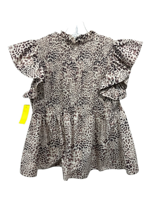 Sea New York Size 8 Beige & Brown Cotton Smocked Animal Print Tie Neck Top Beige & Brown / 8