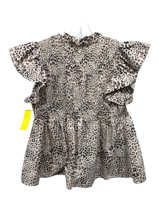 Sea New York Size 8 Beige & Brown Cotton Smocked Animal Print Tie Neck Top Beige & Brown / 8