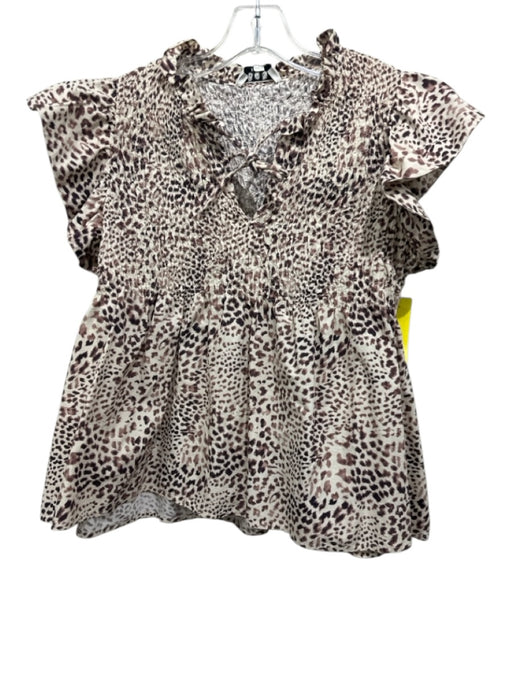 Sea New York Size 8 Beige & Brown Cotton Smocked Animal Print Tie Neck Top Beige & Brown / 8