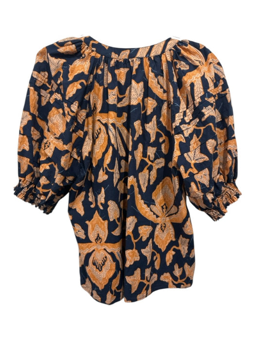 Ulla Johnson Size 6 Navy Blue & Orange Cotton Leaves Tassle Ties Puff Sleeve Top Navy Blue & Orange / 6
