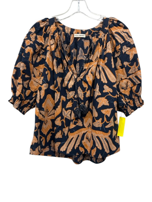 Ulla Johnson Size 6 Navy Blue & Orange Cotton Leaves Tassle Ties Puff Sleeve Top Navy Blue & Orange / 6