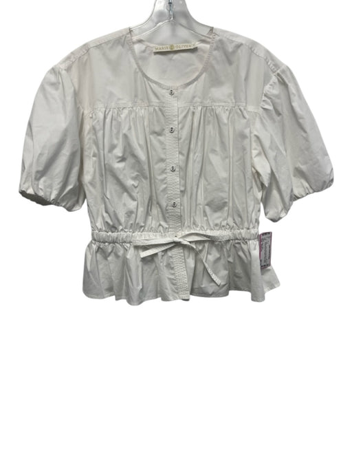 Marie Oliver Size Medium White Cotton Short Puff Sleeve Button Front Peplum Top White / Medium