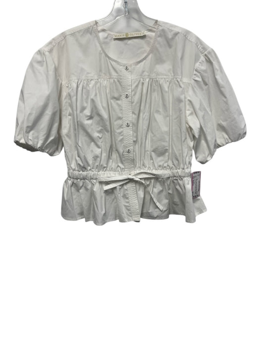 Marie Oliver Size Medium White Cotton Short Puff Sleeve Button Front Peplum Top White / Medium