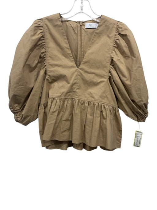 Hunter Bell Size Est S Beige Brown Cotton Short Puff Sleeve V Neck Ruffle Top Beige Brown / Est S