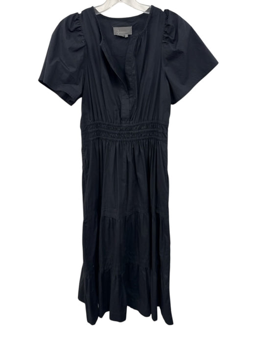 By Anthropologie Size S Black Cotton Short Sleeve Split Neck Midi Dress Black / S