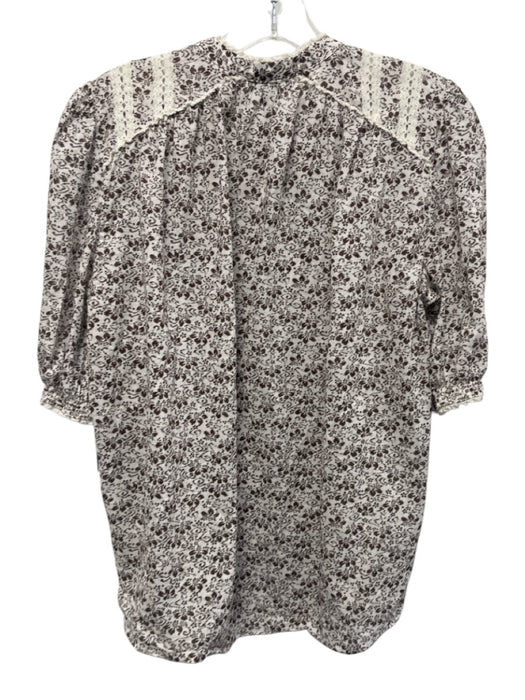 ME+EM Size 8 Brown & Cream Cotton Short Puff Sleeve Ditsy Floral Buttons Top Brown & Cream / 8
