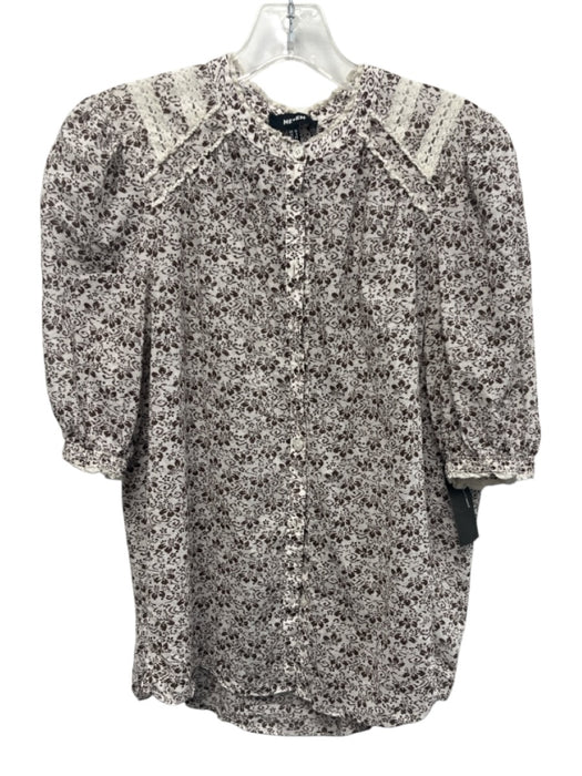 ME+EM Size 8 Brown & Cream Cotton Short Puff Sleeve Ditsy Floral Buttons Top Brown & Cream / 8
