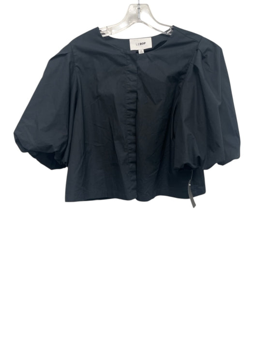 Le Bop Size M Black Cotton Short Puff Sleeve Buttons No Collar Top Black / M