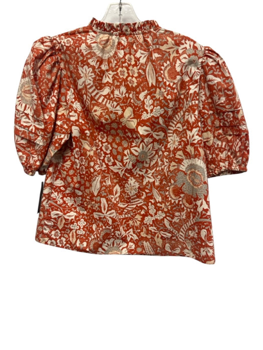 Ulla Johnson Size 6 Orange & cream Cotton Short Puff Sleeve Floral Print Top Orange & cream / 6