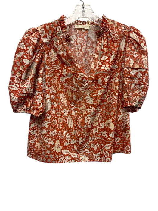 Ulla Johnson Size 6 Orange & cream Cotton Short Puff Sleeve Floral Print Top Orange & cream / 6