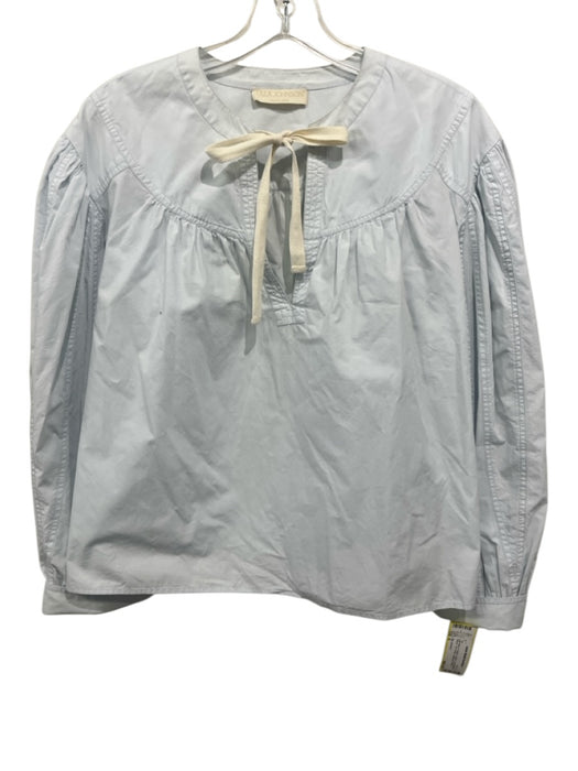 Ulla Johnson Size 6 Light Blue & Cream Cotton Long Balloon Sleeve Tie V Neck Top Light Blue & Cream / 6