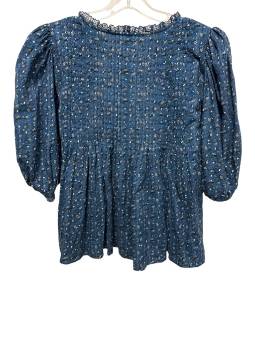 Hunter Bell Size M Blue, White & Black Cotton Floral 1/2 Puff Sleeve V Neck Top Blue, White & Black / M