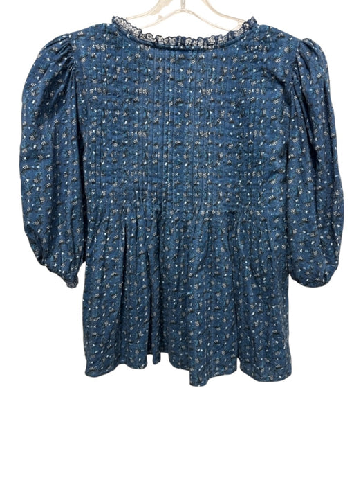 Hunter Bell Size M Blue, White & Black Cotton Floral 1/2 Puff Sleeve V Neck Top Blue, White & Black / M