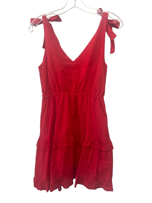 Joy Joy Size S Red Cotton Tie Shoulders V Neck Floral Eyelet Dress Red / S