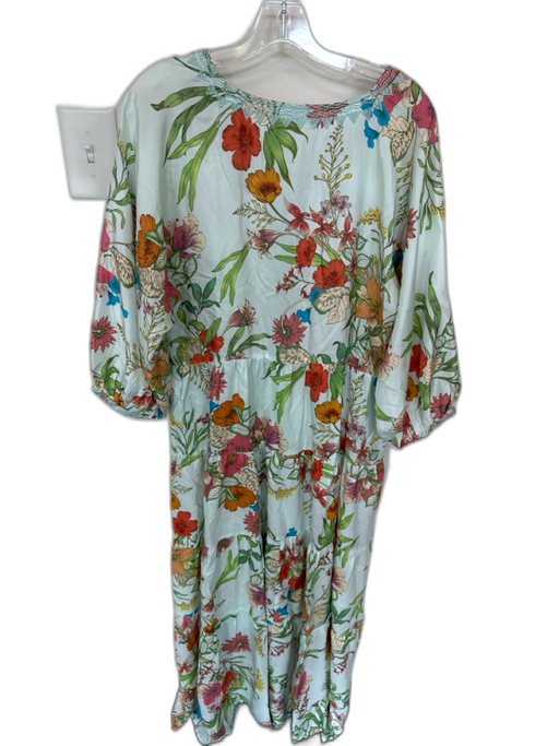 Johnny Was Workshop Size L Teal & Multi Silk Blend V Neck Floral Print Dress Teal & Multi / L