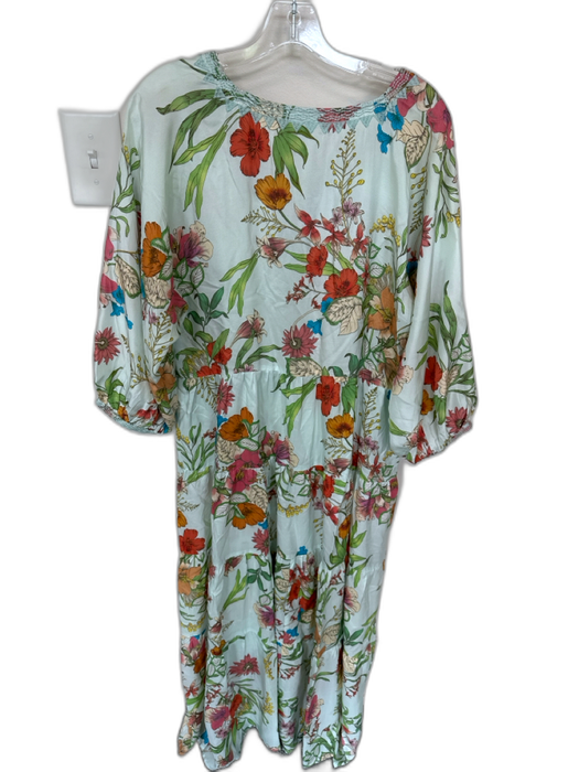 Johnny Was Workshop Size L Teal & Multi Silk Blend V Neck Floral Print Dress Teal & Multi / L