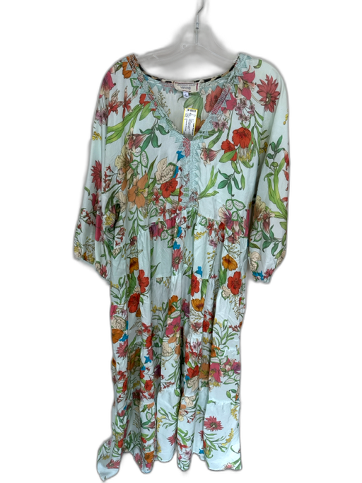 Johnny Was Workshop Size L Teal & Multi Silk Blend V Neck Floral Print Dress Teal & Multi / L
