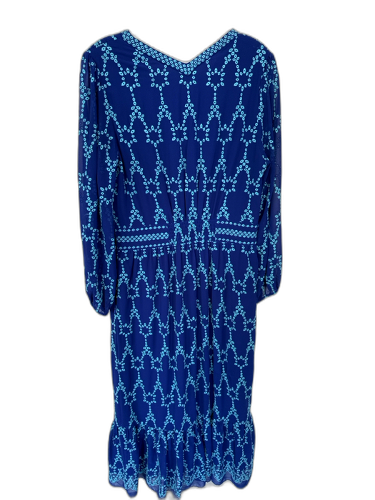 Shoshanna Size 10 Navy & Aqua Polyester Long Balloon Sleeve Eyelet V Neck Dress Navy & Aqua / 10