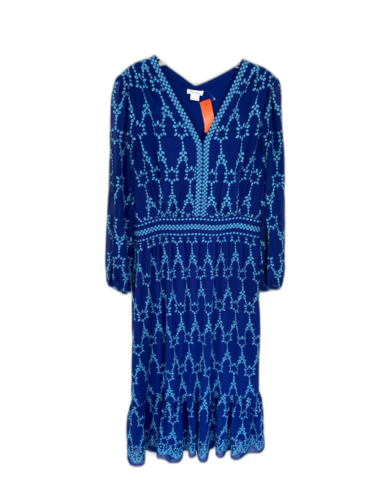 Shoshanna Size 10 Navy & Aqua Polyester Long Balloon Sleeve Eyelet V Neck Dress Navy & Aqua / 10