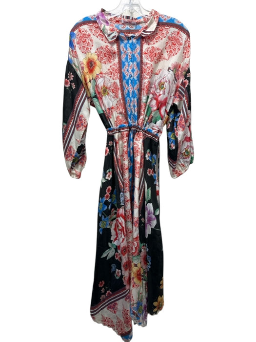 Johnny Was Size M Blue & Multi Silk Drawstring Mixed Floral Balloon Sleeve Dress Blue & Multi / M