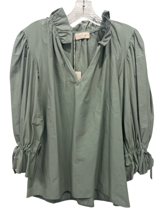 Sofia Size One Size Sage green Cotton Blend V Neck Ruffle Neck Top Sage green / One Size