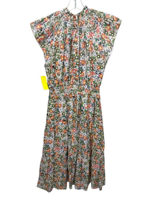Moodie Size S Cream & Multi abstract print Ruffle Cap Sleeve Smocked Neck Dress Cream & Multi / S