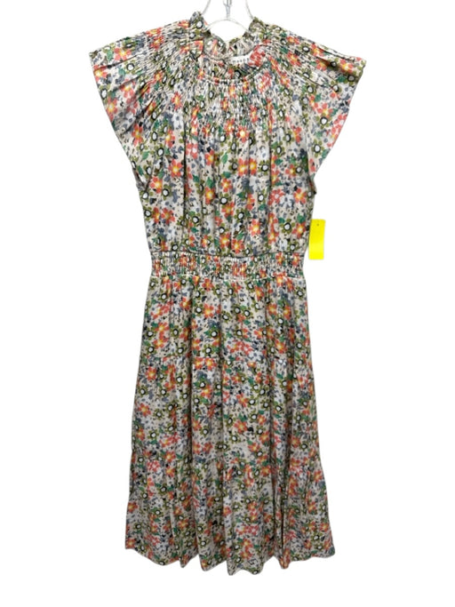 Moodie Size S Cream & Multi abstract print Ruffle Cap Sleeve Smocked Neck Dress Cream & Multi / S