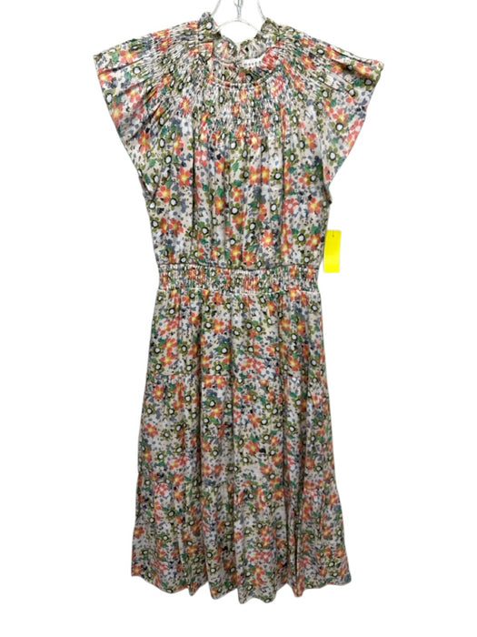 Moodie Size S Cream & Multi abstract print Ruffle Cap Sleeve Smocked Neck Dress Cream & Multi / S