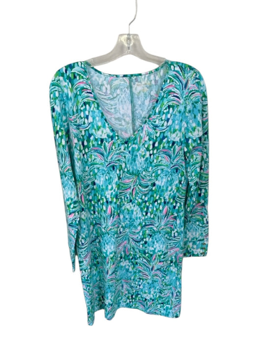 Lilly Pulitzer Size M Aqua & Turquoise Cotton V Neck Lillies 3/4 Sleeve Dress Aqua & Turquoise / M