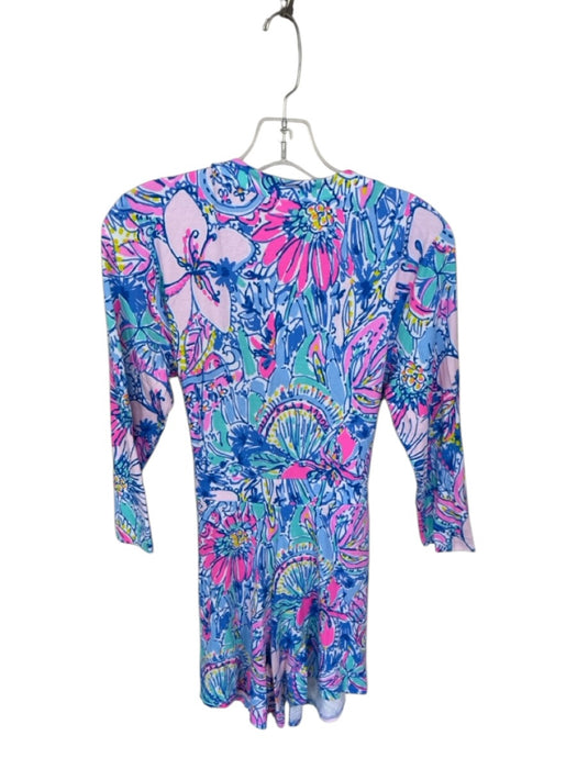 Lilly Pulitzer Size M Blue & Pink Rayon Blend Wrap Lillies Floral Romper Blue & Pink / M