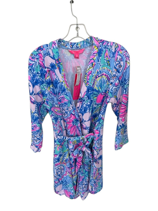 Lilly Pulitzer Size M Blue & Pink Rayon Blend Wrap Lillies Floral Romper Blue & Pink / M
