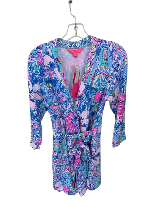 Lilly Pulitzer Size M Blue & Pink Rayon Blend Wrap Lillies Floral Romper Blue & Pink / M