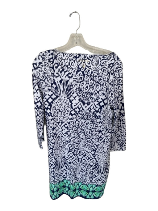 Lilly Pulitzer Size M Navy, White, Aqua Pima Cotton Paisley 3/4 Sleeve Dress
