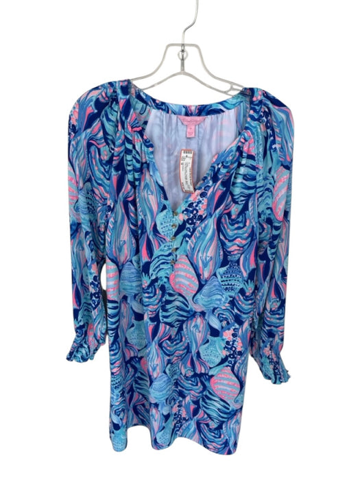 Lilly Pulitzer Size M Hot Pink & Blue Polyester Button Front Long Sleeve Dress Hot Pink & Blue / M