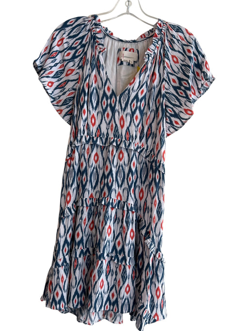 By Anthropologie Size XXS White Red & Blue Viscose V Neck Short Sleeve Dress White Red & Blue / XXS