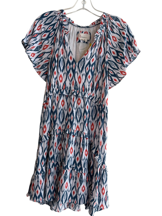 By Anthropologie Size XXS White Red & Blue Viscose V Neck Short Sleeve Dress White Red & Blue / XXS