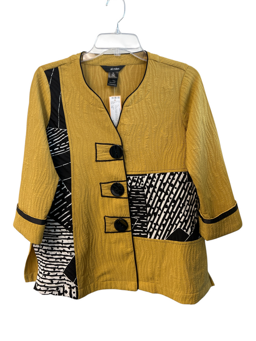 Ali Miles Size PS Yellow Polyester Button Up 3/4 Sleeve Abstract Cuffed Top Yellow / PS