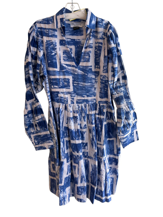 Busayo Size Large Blue & White Cotton Long Sleeve Abstract Print Dress Blue & White / Large