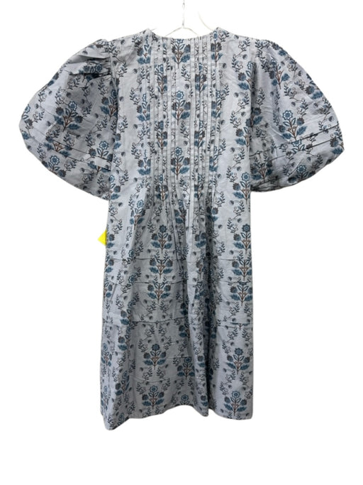 Marigold Size S Gray, Blue & Brown Cotton 1/2 Balloon Sleeve V Neck Floral Dress Gray, Blue & Brown / S