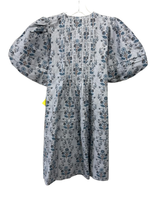 Marigold Size S Gray, Blue & Brown Cotton 1/2 Balloon Sleeve V Neck Floral Dress Gray, Blue & Brown / S