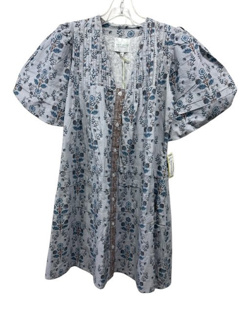 Marigold Size S Gray, Blue & Brown Cotton 1/2 Balloon Sleeve V Neck Floral Dress Gray, Blue & Brown / S