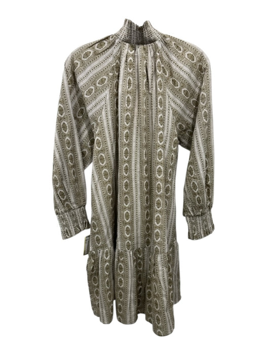 Omika Size S Olive Green & Cream Cotton Long Sleeve Floral Abstract V Neck Dress Olive Green & Cream / S
