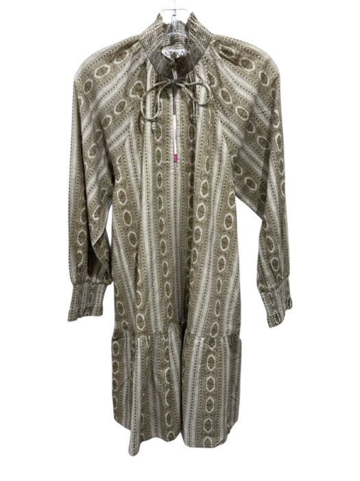 Omika Size S Olive Green & Cream Cotton Long Sleeve Floral Abstract V Neck Dress Olive Green & Cream / S