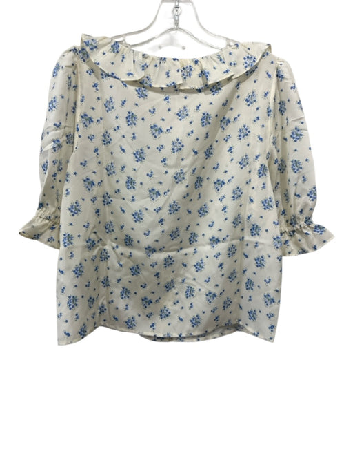 Sezane Size 36 Cream & Blue Silk Short Balloon Sleeve Floral Ruffle Neckline Top Cream & Blue / 36