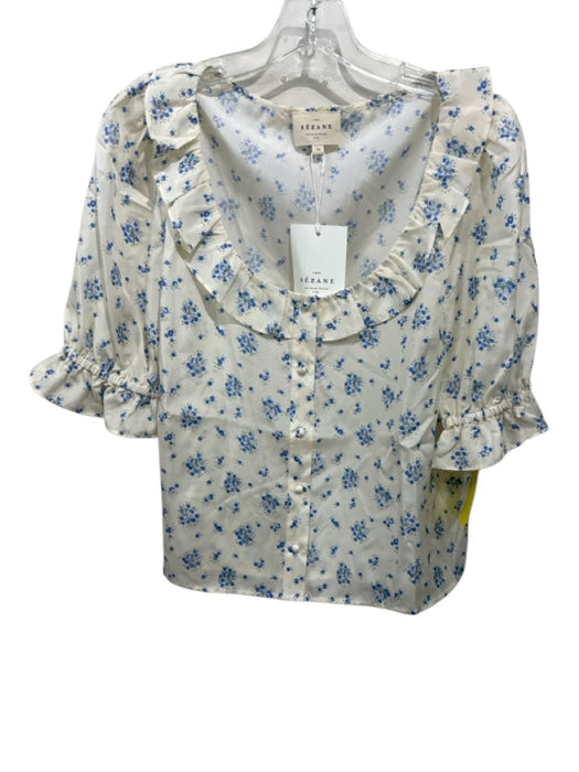 Sezane Size 36 Cream & Blue Silk Short Balloon Sleeve Floral Ruffle Neckline Top Cream & Blue / 36