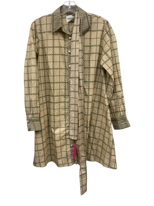 Marigold by Victoria Dunn Size S Beige & Green Cotton Geometric Checked Dress Beige & Green / S