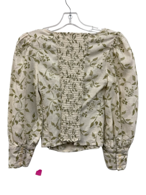 Reformation Size 4 Cream White & Green Linen Botanical Long Balloon Sleeve Top Cream White & Green / 4