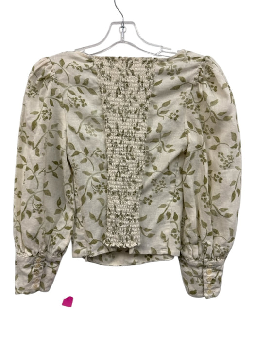 Reformation Size 4 Cream White & Green Linen Botanical Long Balloon Sleeve Top Cream White & Green / 4
