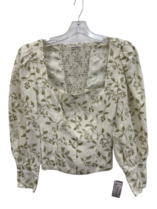 Reformation Size 4 Cream White & Green Linen Botanical Long Balloon Sleeve Top Cream White & Green / 4